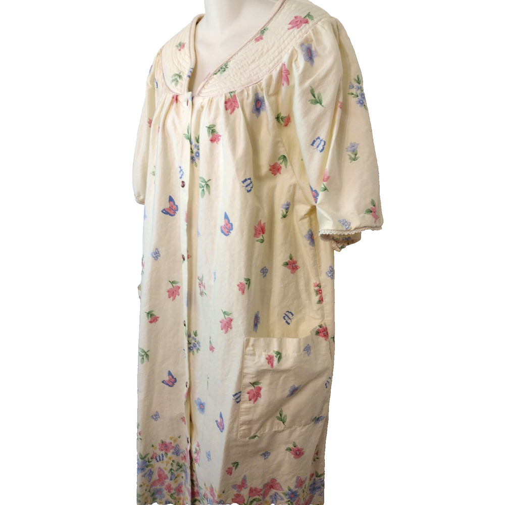 Coffee Time House Dress Duster Robe MuuMuu Yellow Floral Cotton Midi Pockets 1X - Picture 5 of 13
